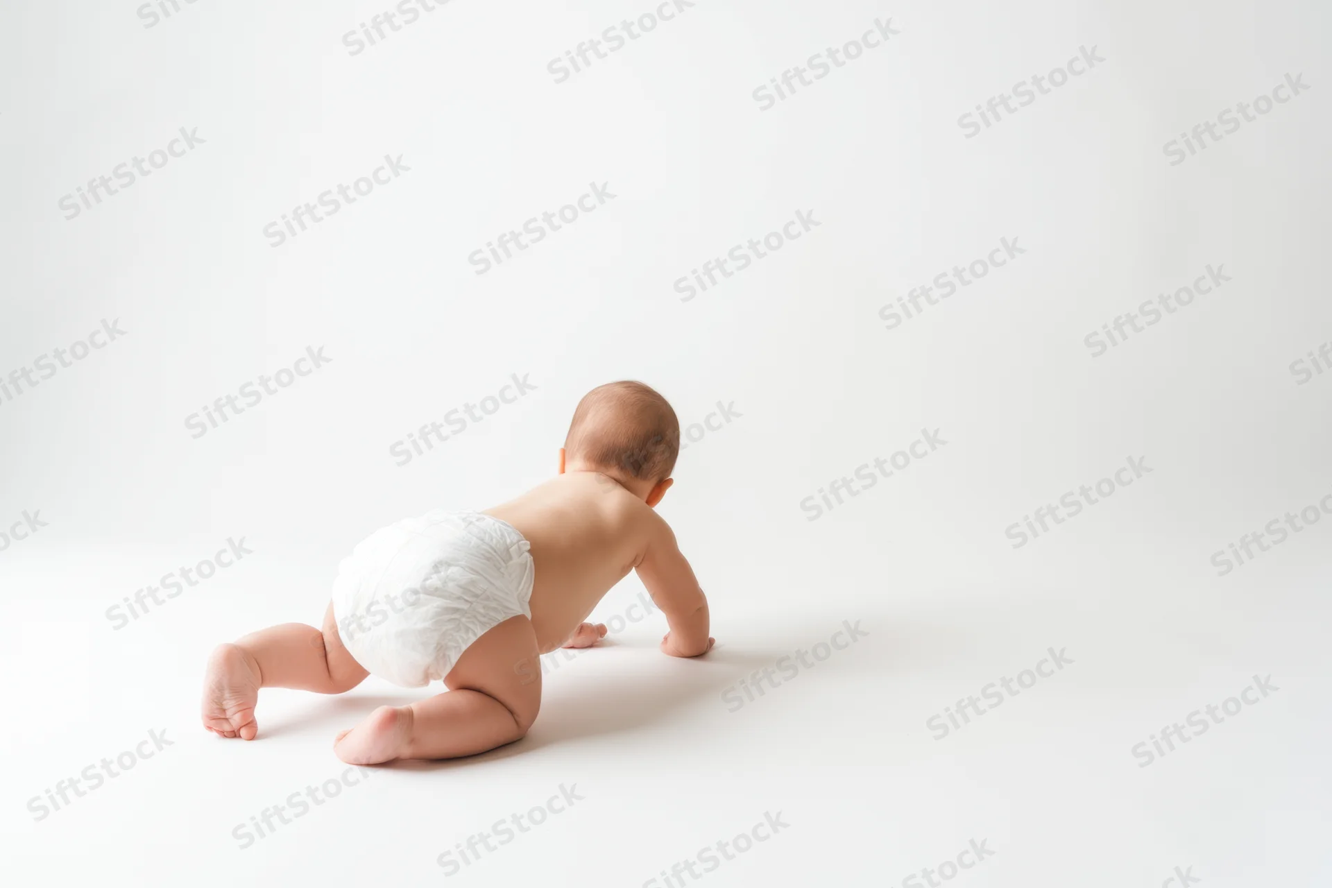 Baby in diaper crawling away on white floor in studio setting