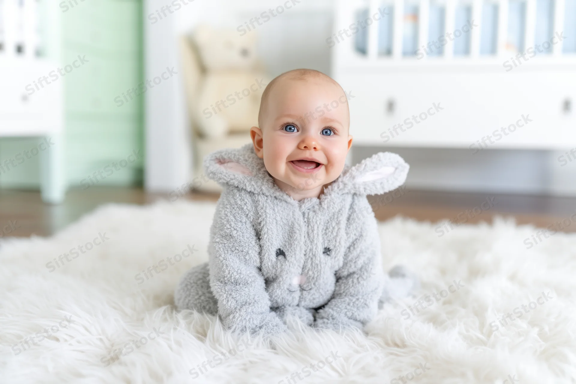 Baby in gray bunny onesie sitting on fluffy white rug in nursery