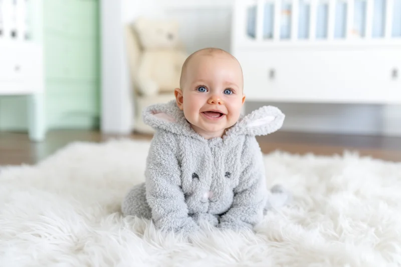 Baby in gray bunny onesie sitting on fluffy white rug in nursery