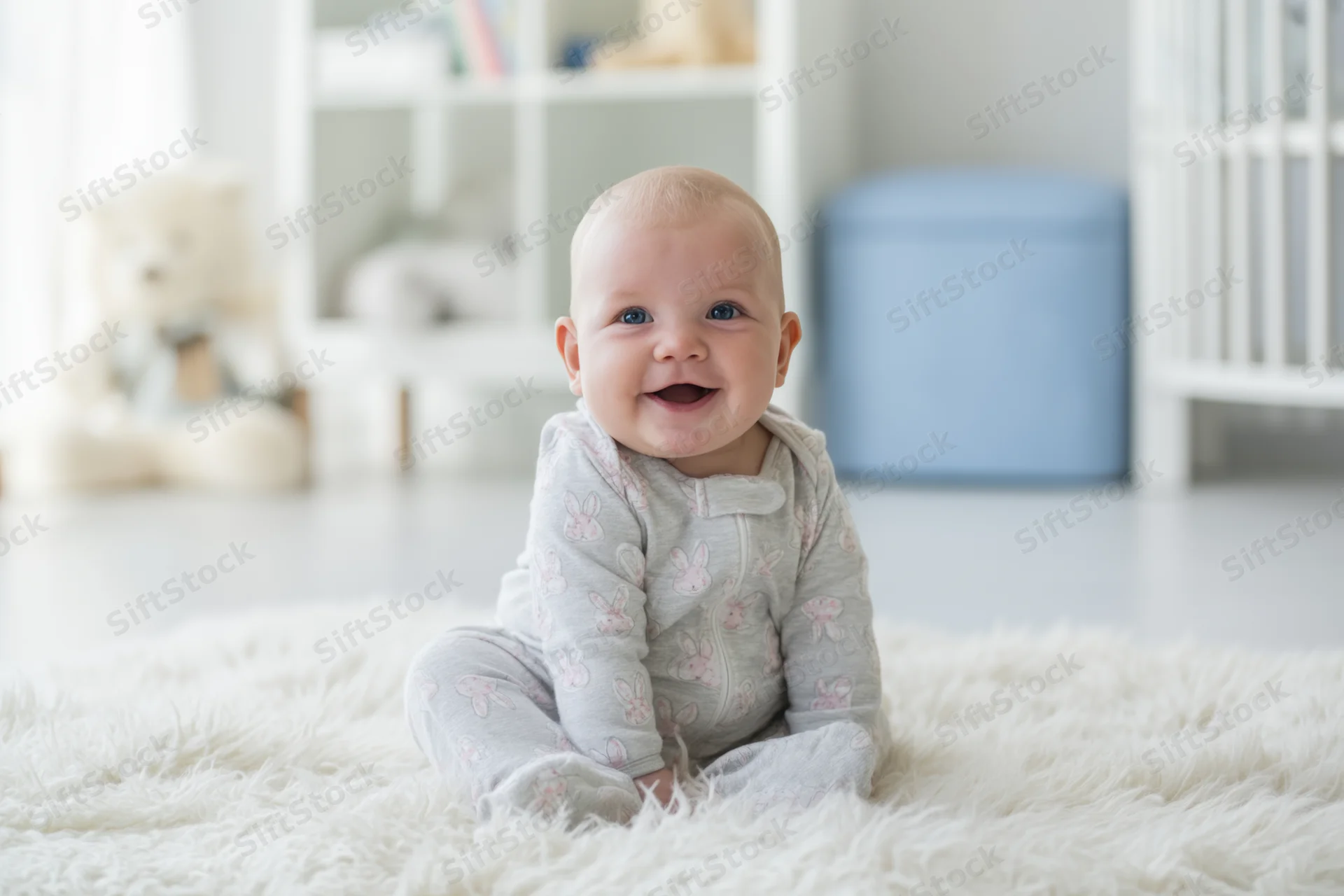 Baby in gray bunny onesie sitting on fluffy white rug in nursery smiling broadly