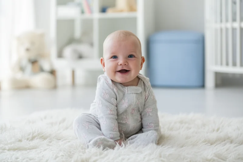 Baby in gray bunny onesie sitting on fluffy white rug in nursery smiling broadly