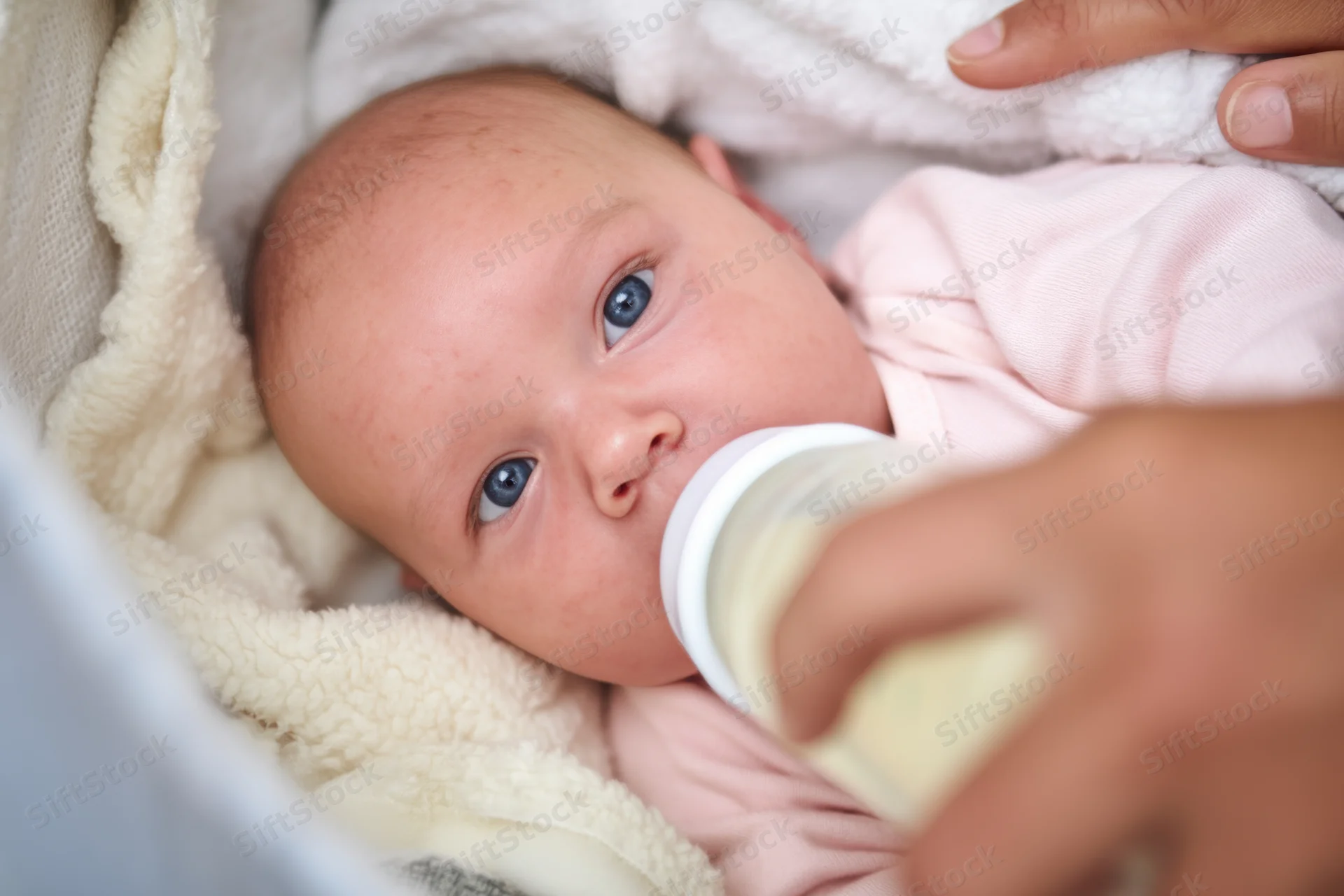 Newborn baby being bottle fed while cradled in soft blanket, eyes wide open, held by adult hand
