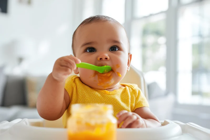 Baby in yellow polka-dot onesie self-feeding with green spoon in high chair