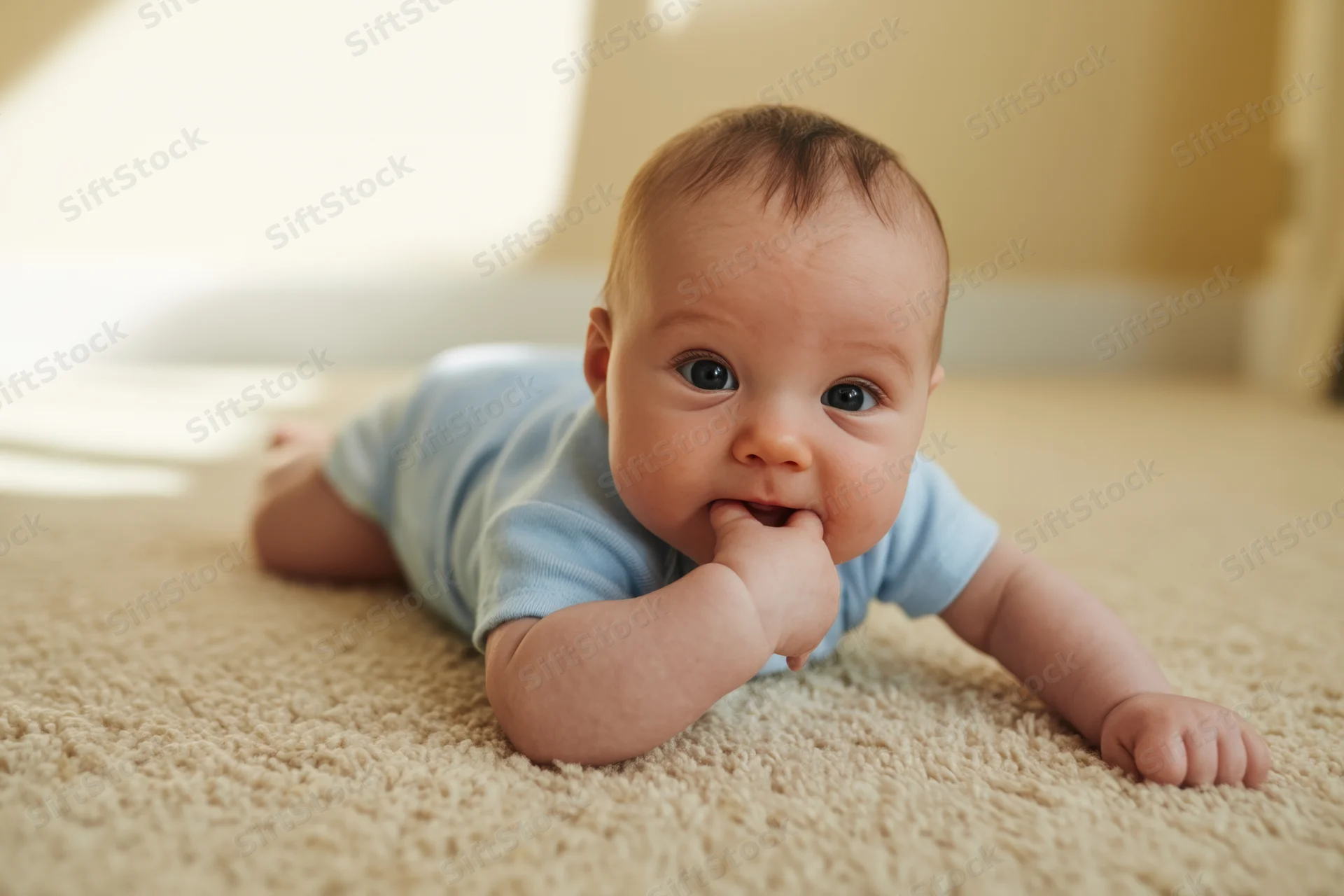 Baby lying on stomach on beige carpet in blue onesie sucking thumb