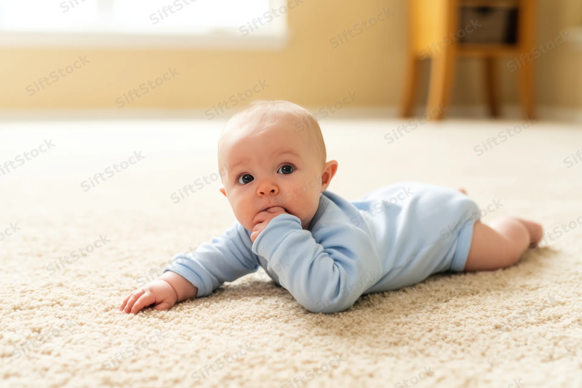 Baby lying on stomach on soft beige carpet in light blue onesie indoors