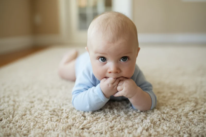 Baby lying on stomach on beige carpet with hands near mouth wearing blue onesie