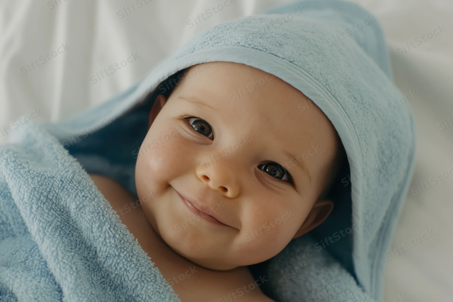 Smiling baby wrapped in a light-blue hooded towel lying on a white bed