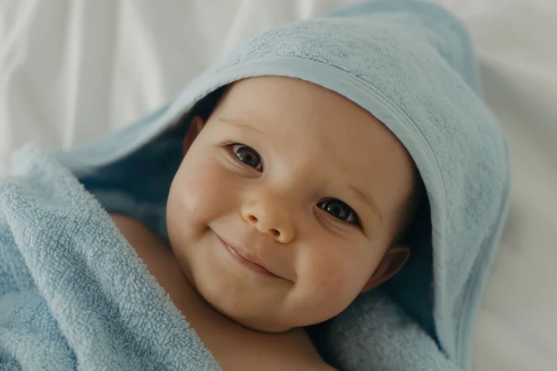 Smiling baby wrapped in a light-blue hooded towel lying on a white bed