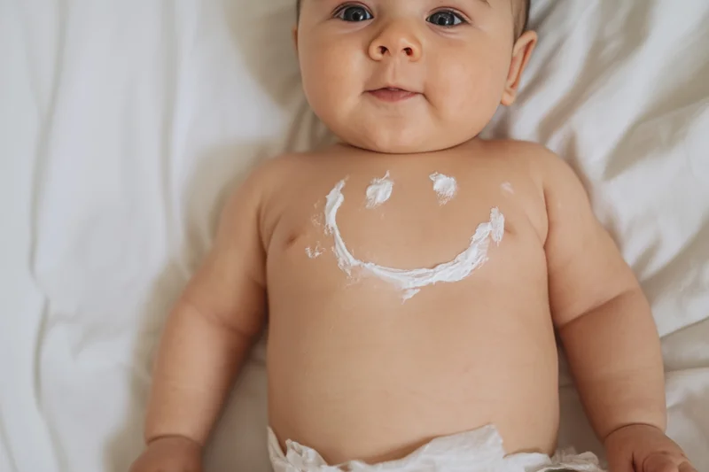 Baby lying on white sheet with smiley face drawn in cream on chest