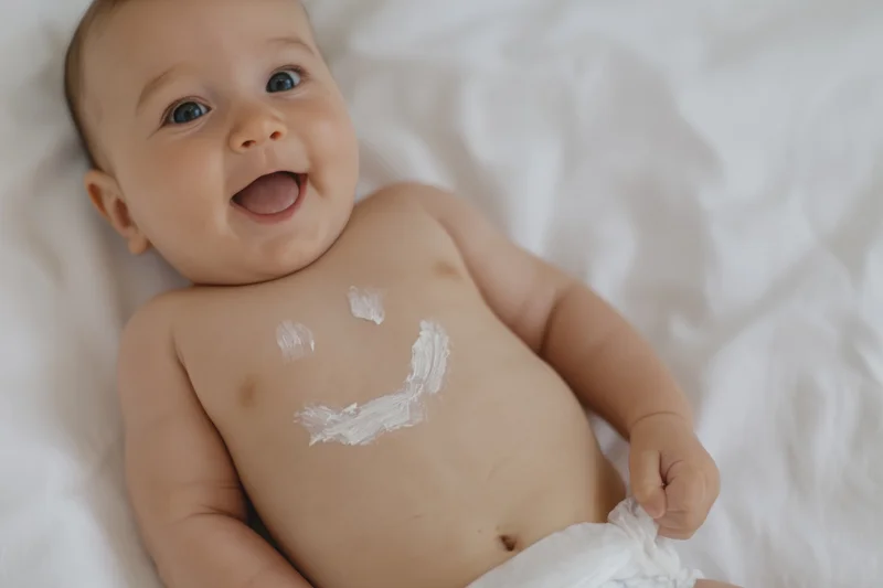 Baby lying on white sheet with smiley face painted on chest, smiling widely
