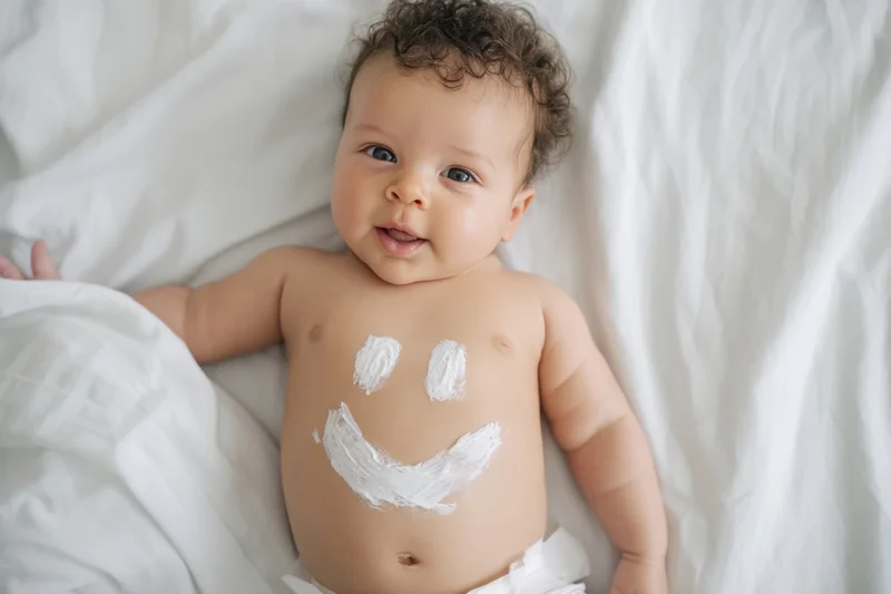 Baby lying on white sheet with smiley face painted on belly, smiling at camera