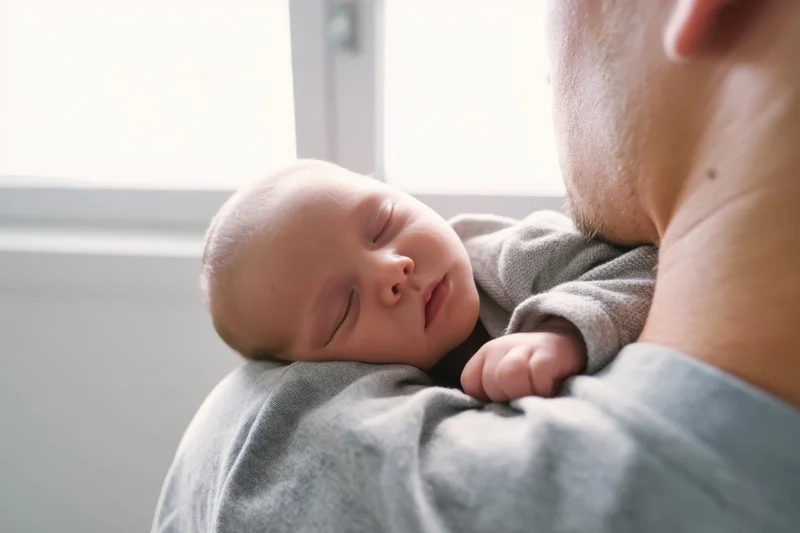Newborn baby sleeping peacefully on caregiver's shoulder indoors near window