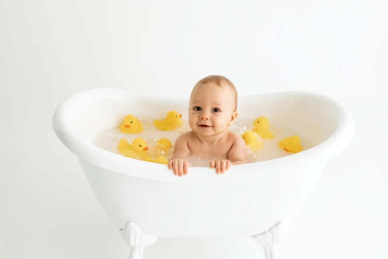 Baby sitting in a white clawfoot bathtub filled with water and yellow rubber ducks, smiling at the camera