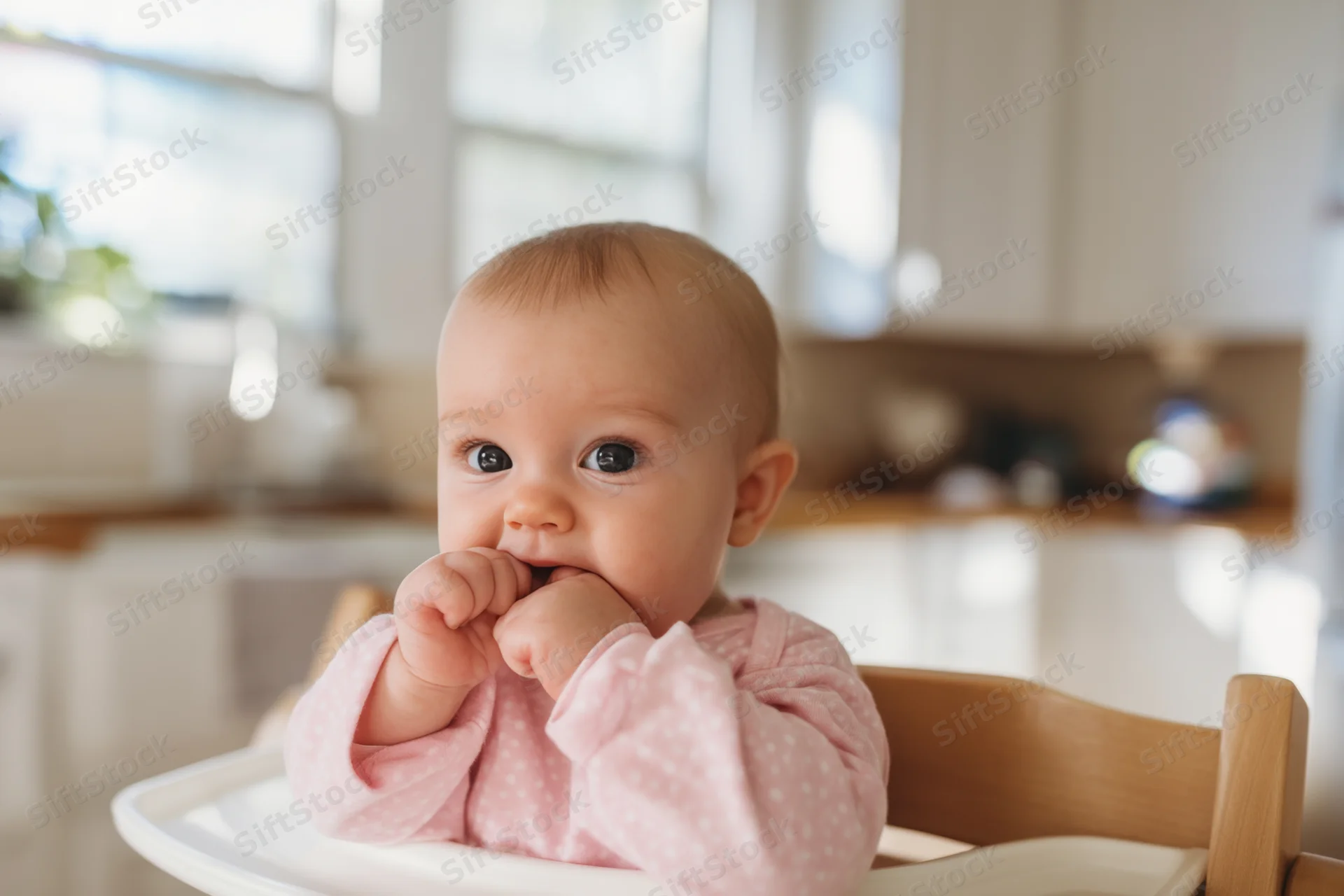 Baby chewing fingers while sitting in wooden high chair in bright kitchen