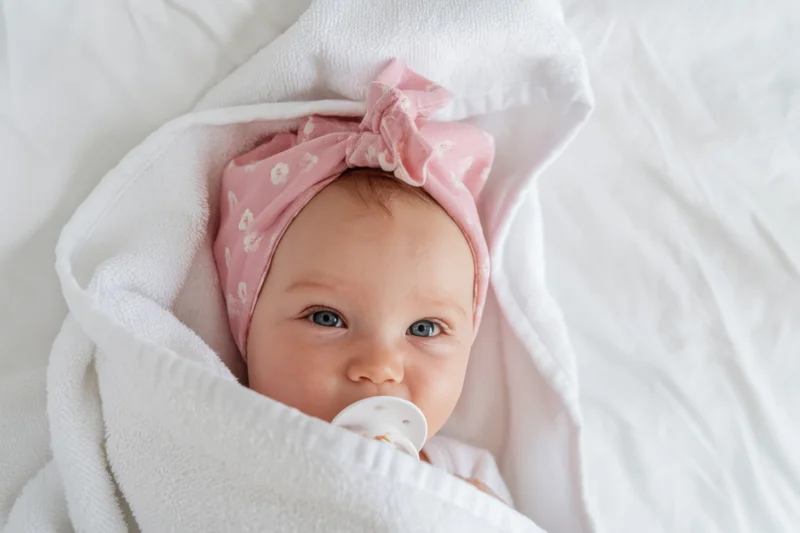 Baby wrapped in white towel wearing pink floral headwrap with bow and pacifier in mouth