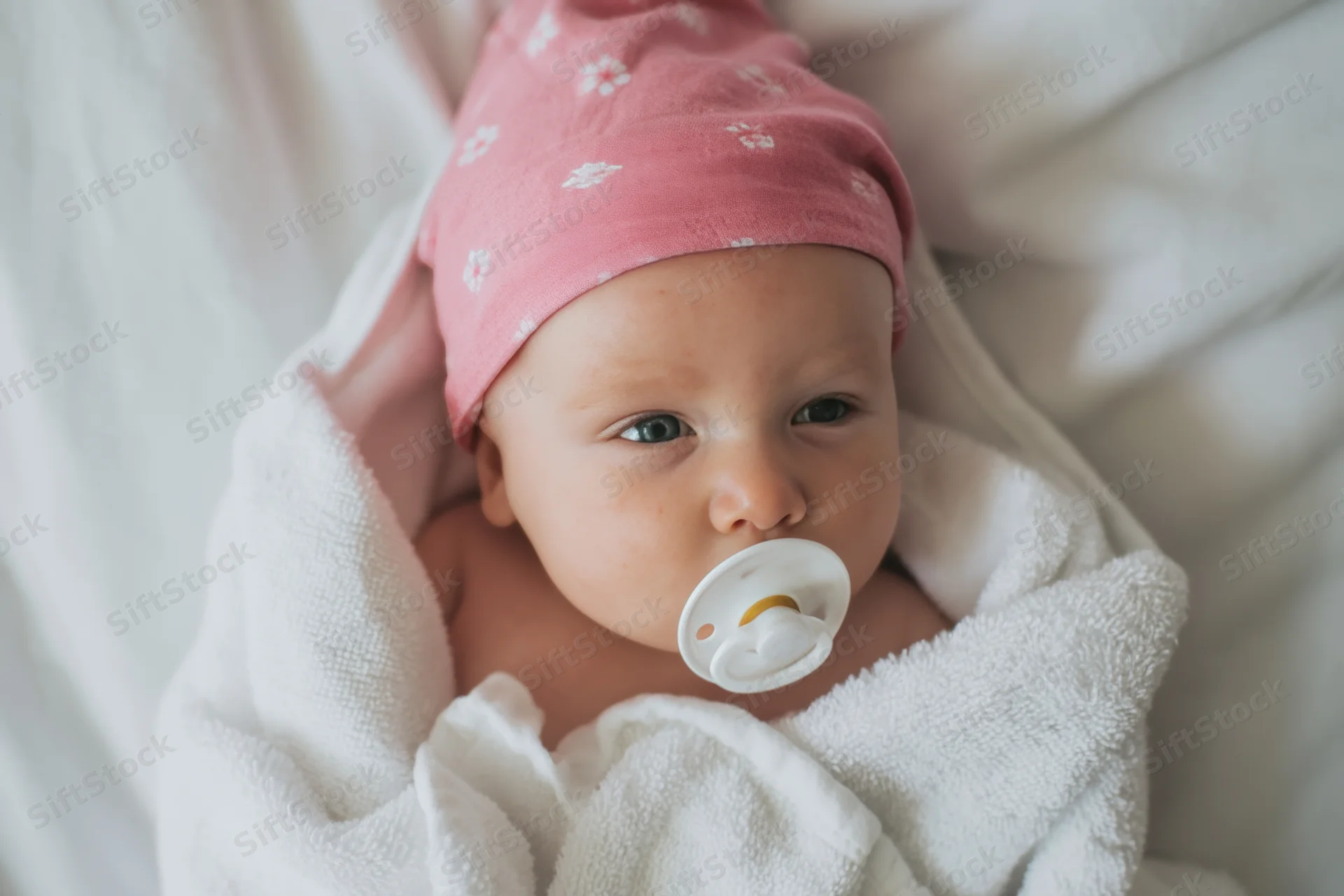 Newborn baby wrapped in white towel with pink floral hat and pacifier in mouth