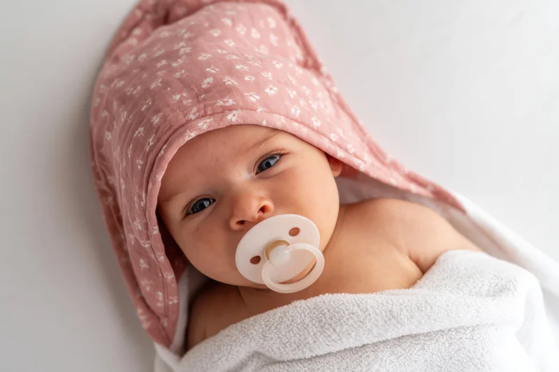 Newborn baby wrapped in white towel with pink floral hood and pacifier in mouth