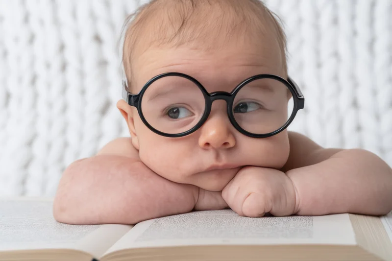 Baby with black-rimmed glasses resting chin on open book pages