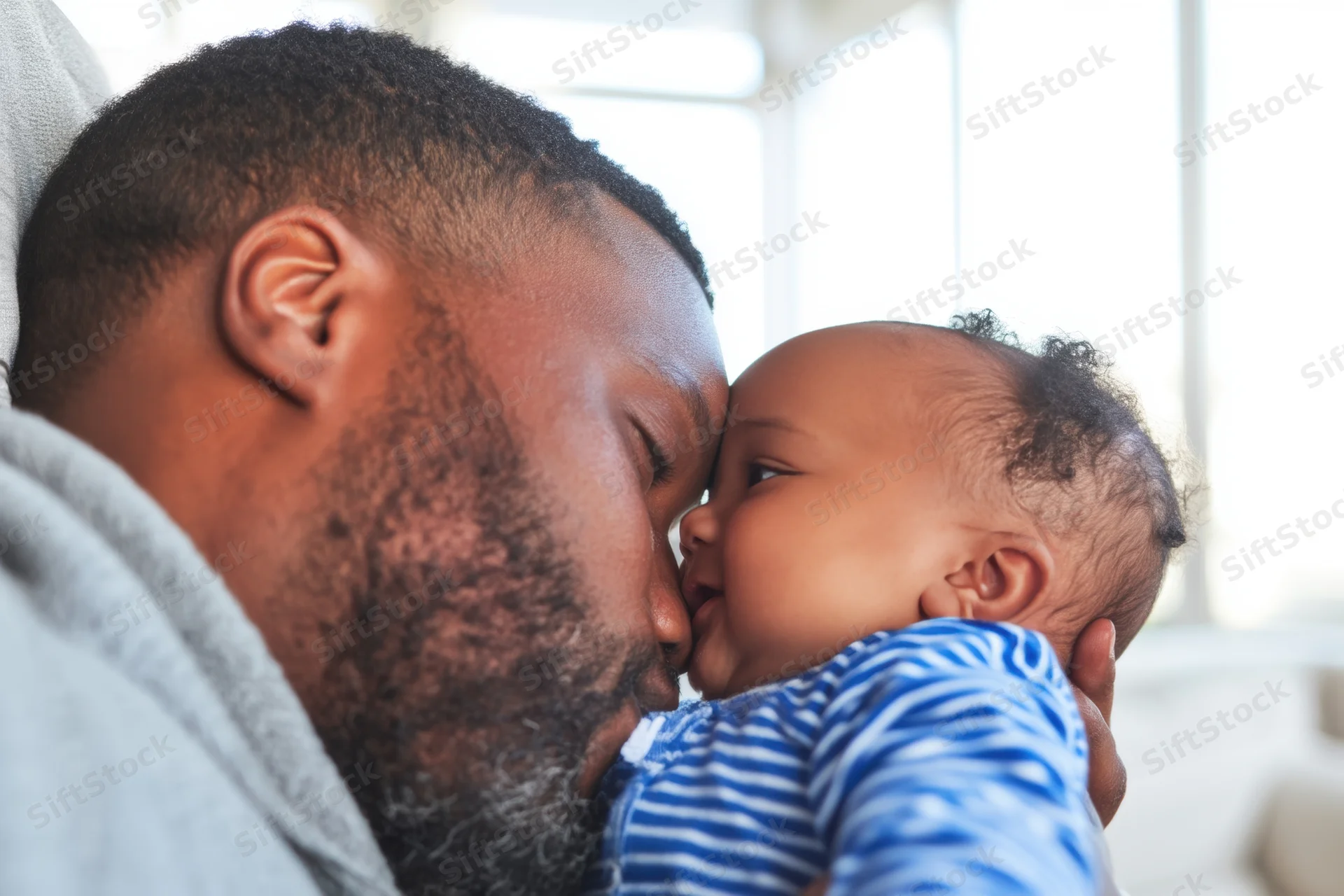 Father cradling smiling baby in striped onesie indoors near window