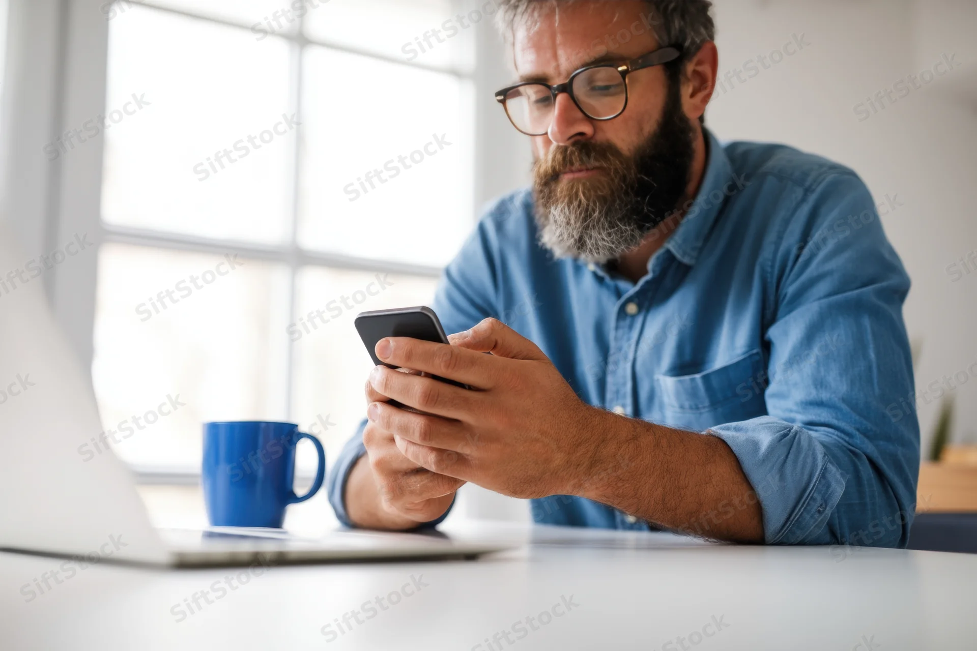 Bearded man in blue shirt and glasses concentrating on smartphone at clean desk with laptop and coffee mug