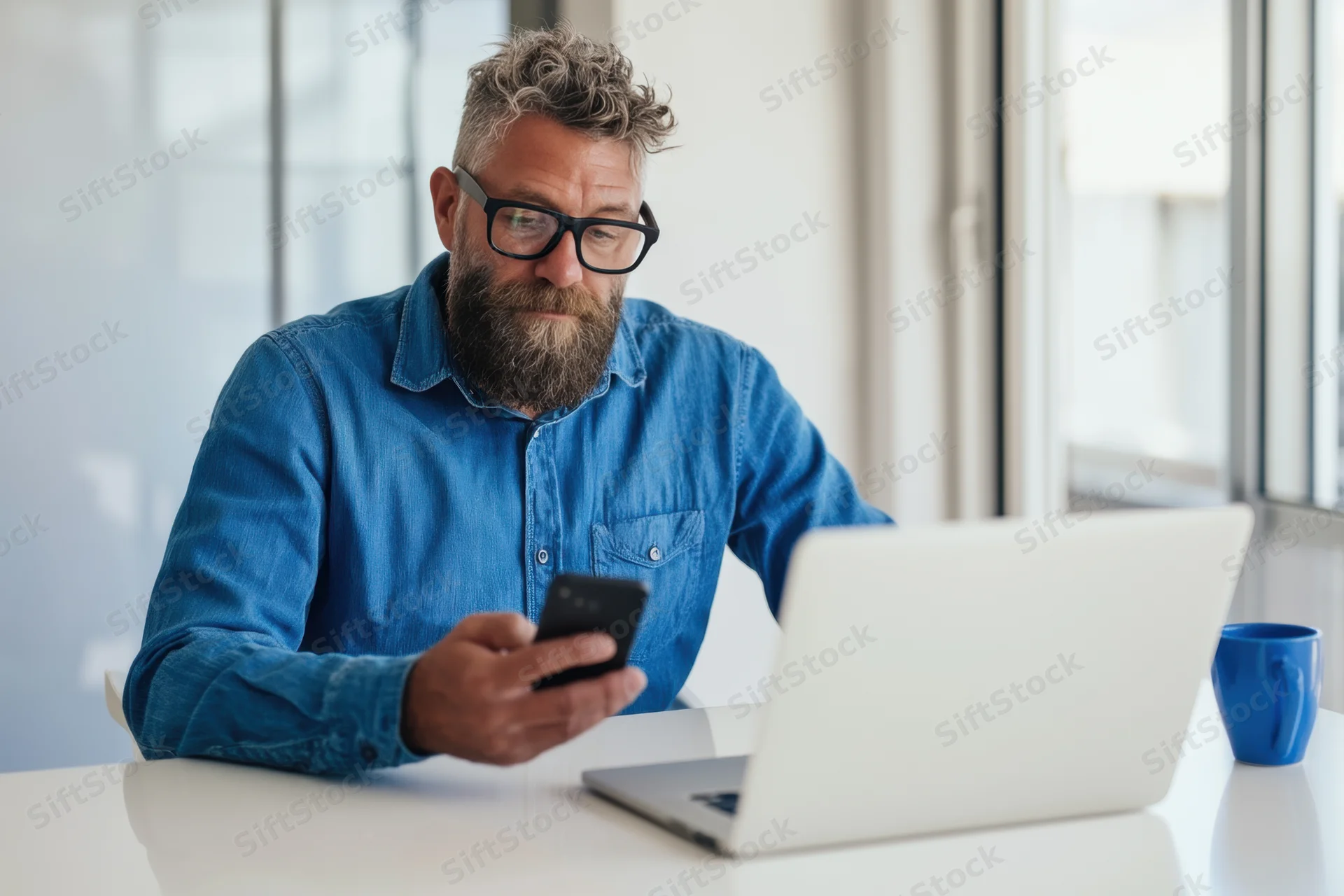 Bearded man in blue shirt and glasses concentrating on smartphone while sitting at desk with laptop and coffee mug
