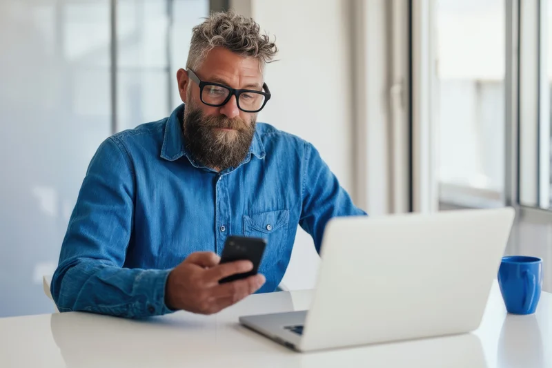 Bearded man in blue shirt and glasses concentrating on smartphone while sitting at desk with laptop and coffee mug