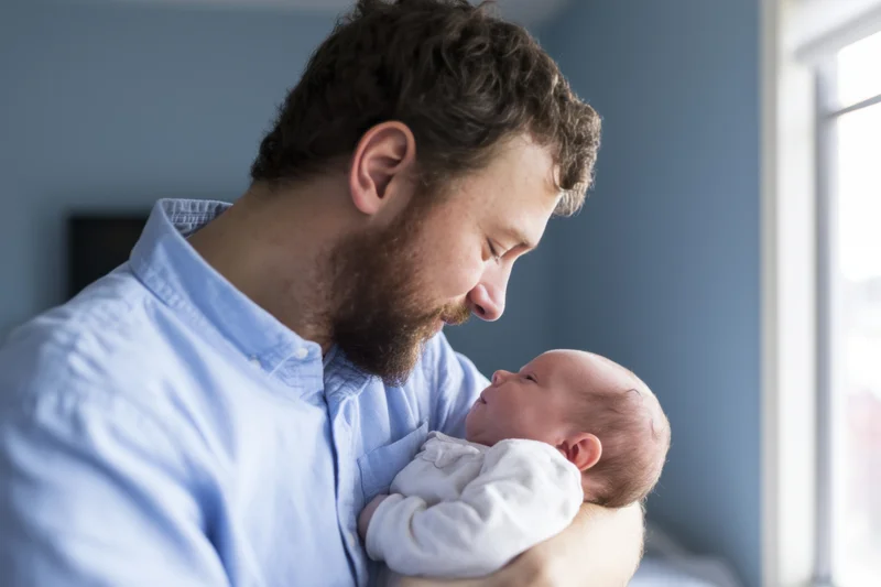 Father cradling newborn baby close to his chest indoors near window