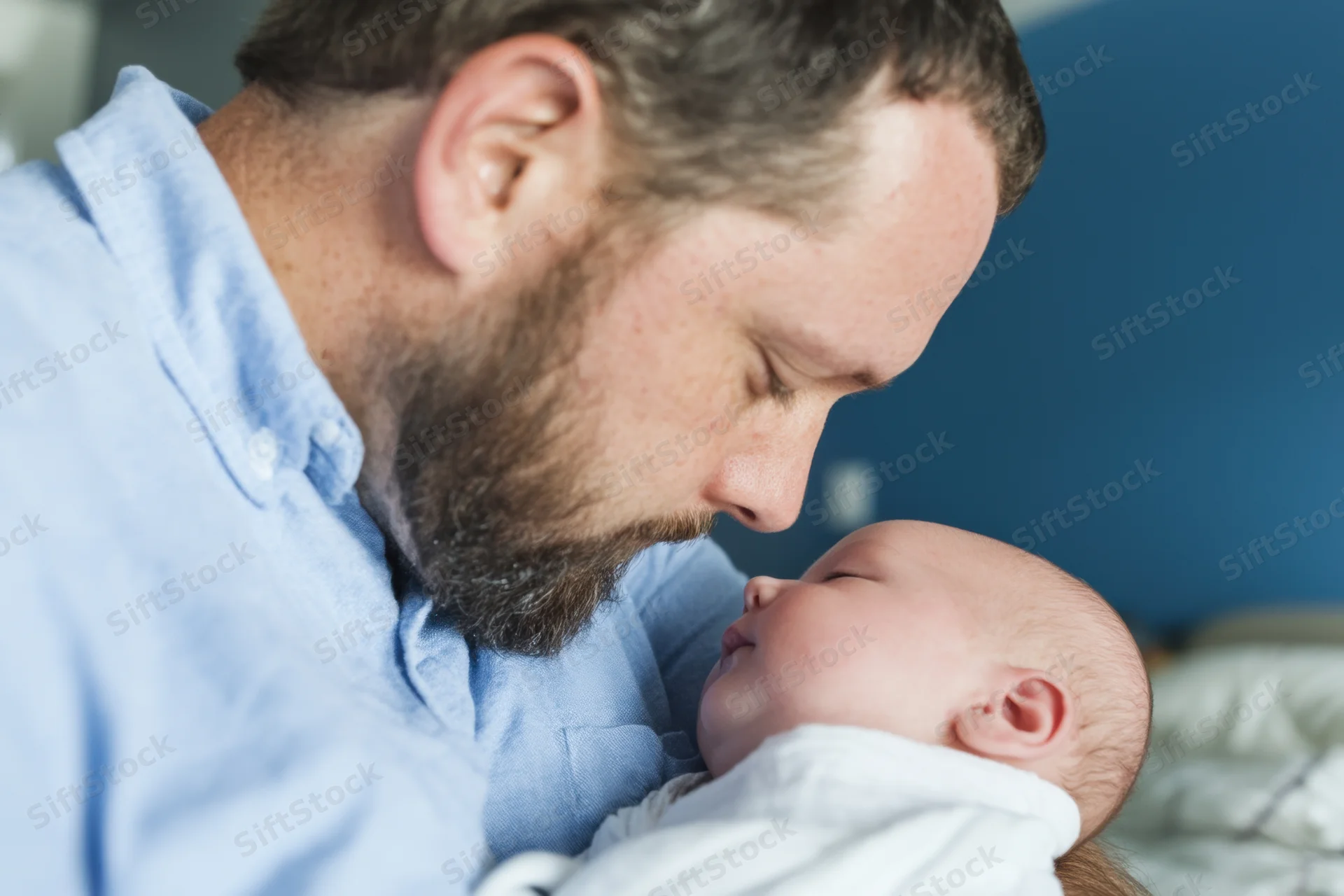 Father cradling newborn baby close to his chest in a quiet indoor setting