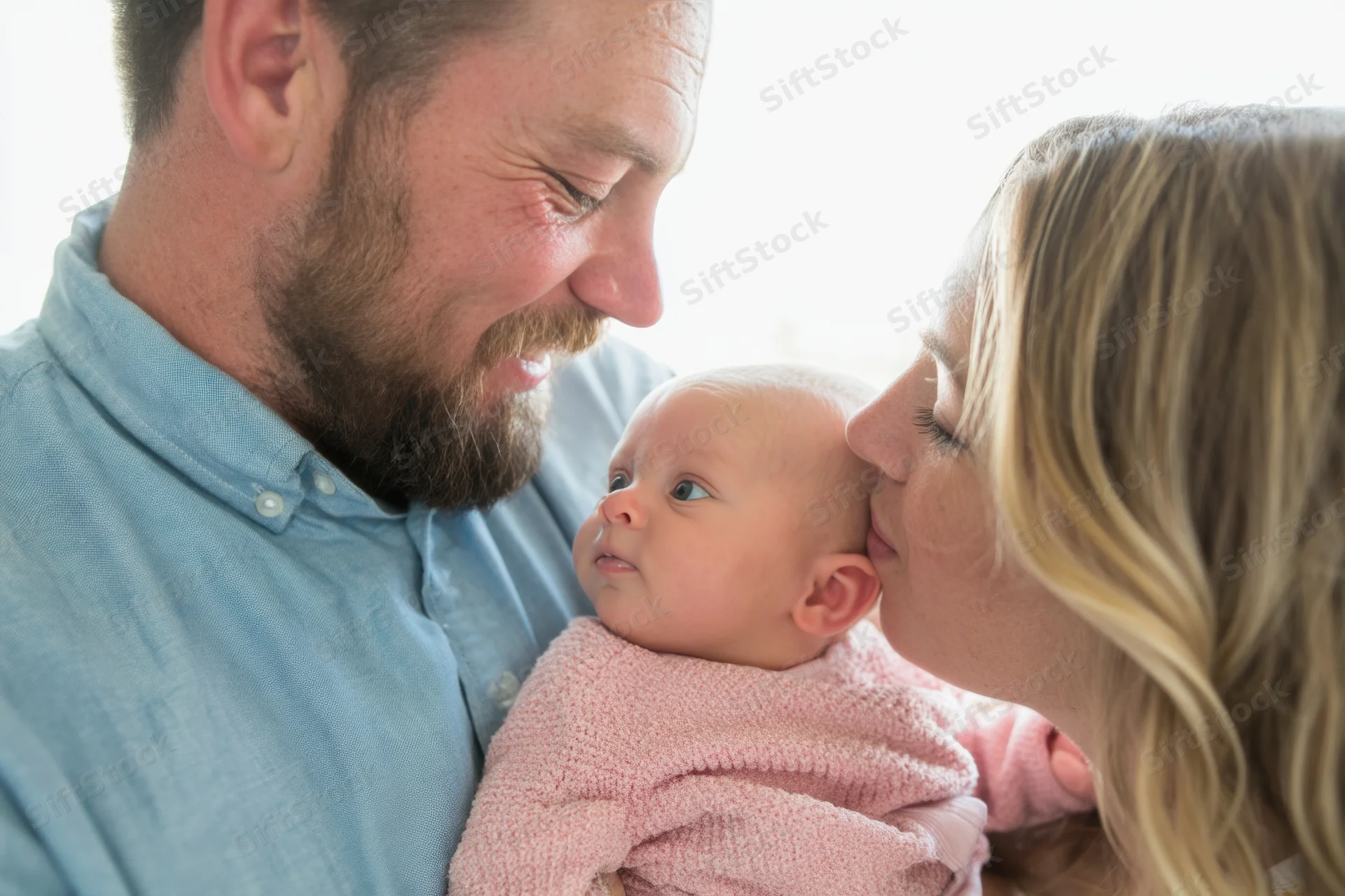 Parents smiling and kissing their newborn baby held close indoors