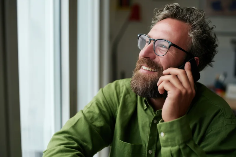 Bearded man in green button-down shirt smiling while talking on phone near window in office