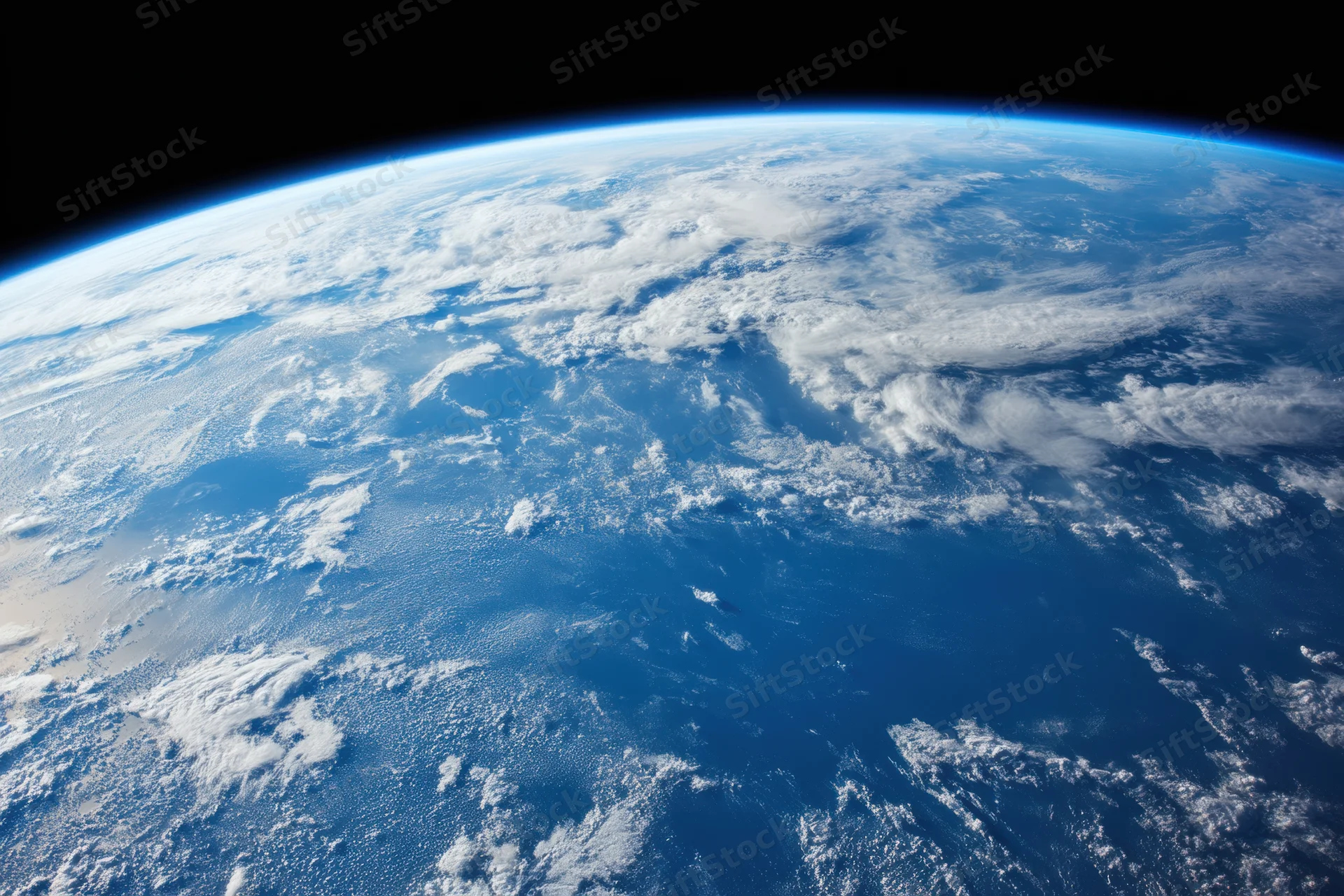 View of earth from space showing blue oceans and white clouds along the horizon