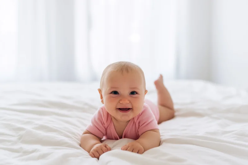 Smiling baby in pink onesie lying on white bed crawling with feet raised