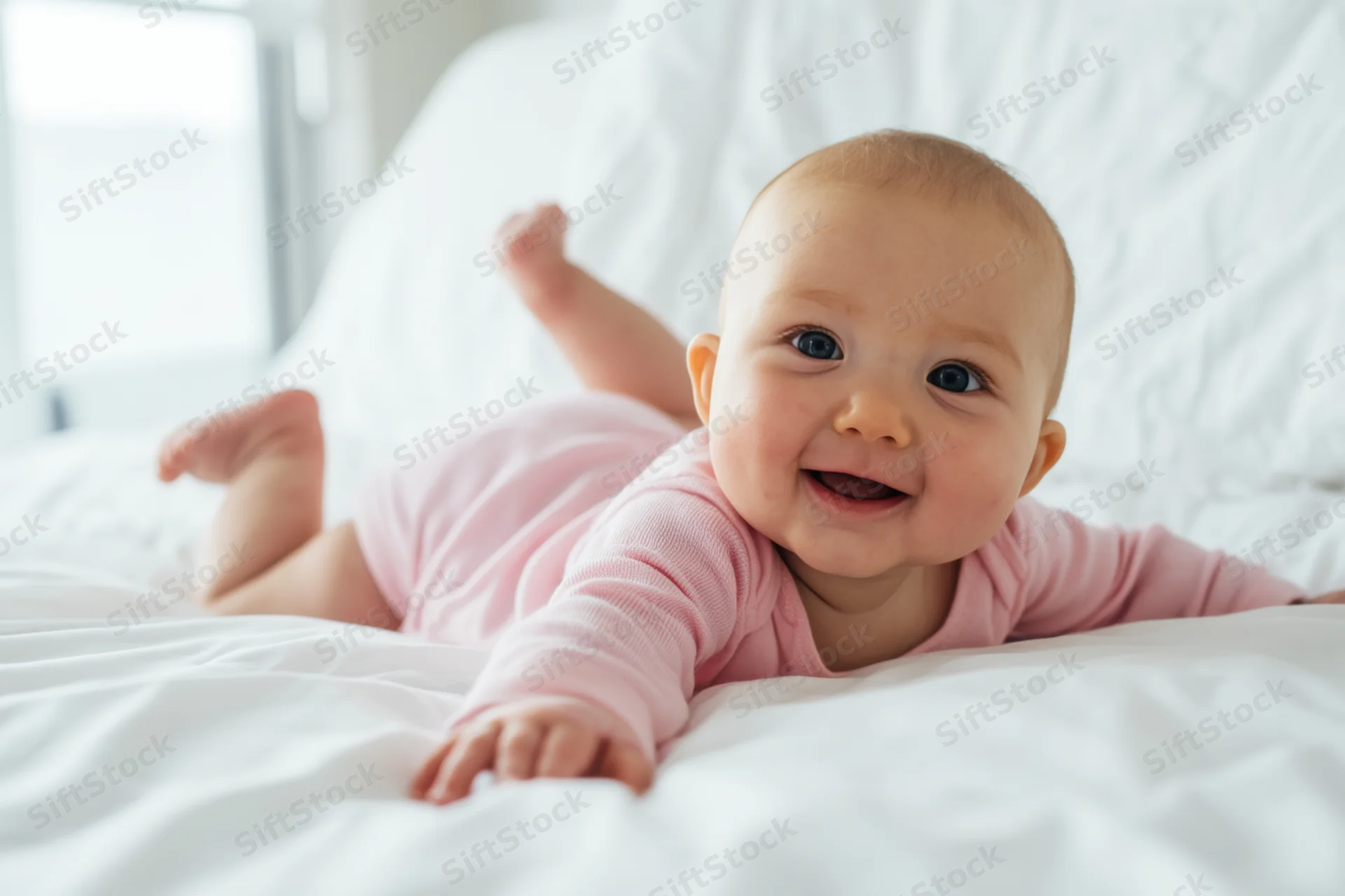 Smiling baby in pink onesie lying on white bed