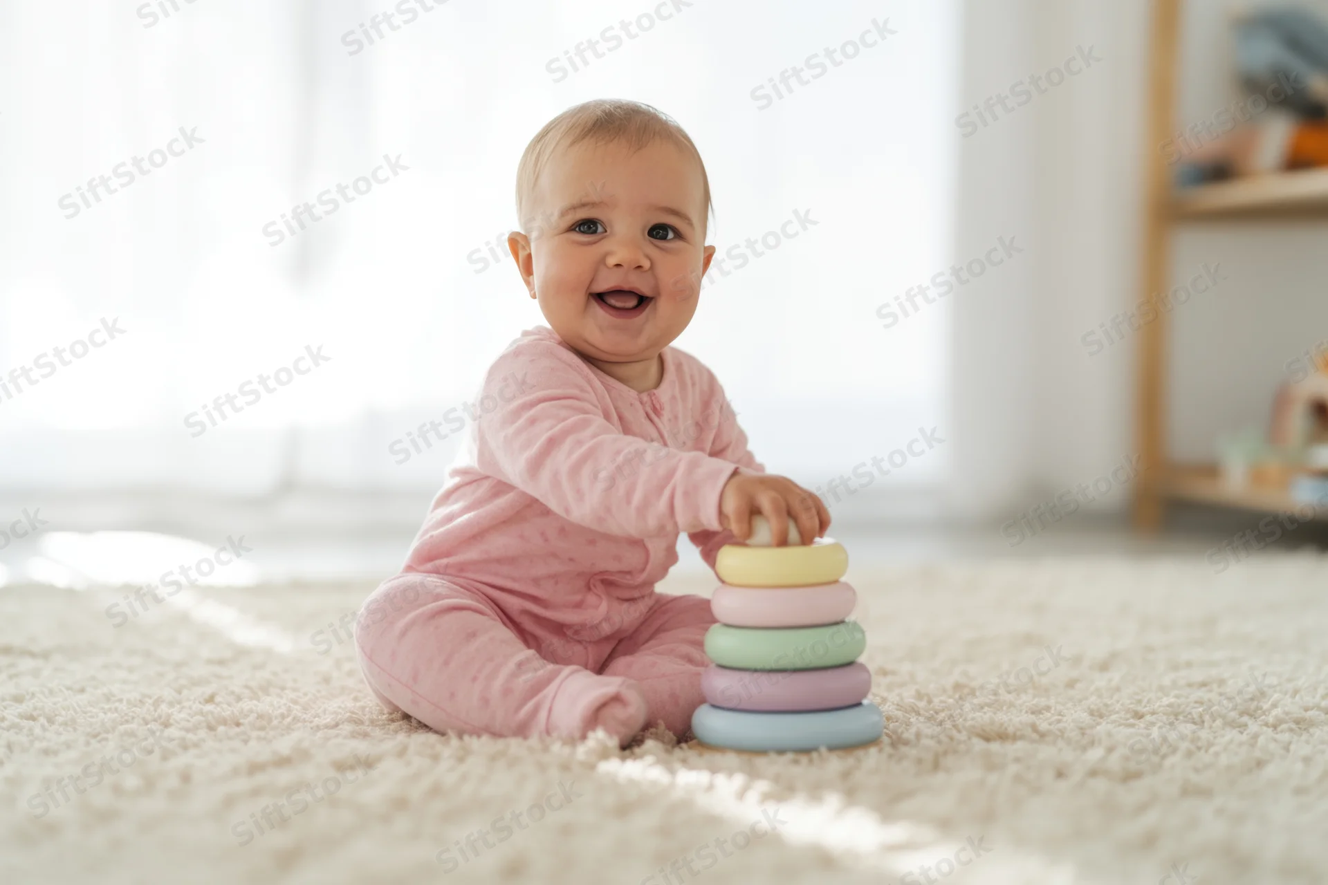 Baby in pink onesie sitting on cream carpet playing with colorful stacking rings, smiling at camera