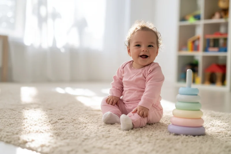 Baby in pink onesie sitting on cream carpet smiling next to colorful stacking rings toy