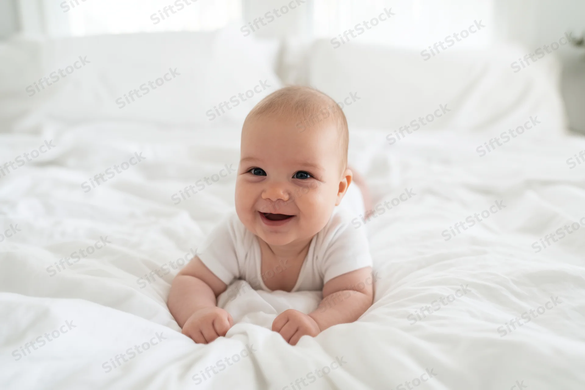 Baby lying on white bed propped on elbows smiling