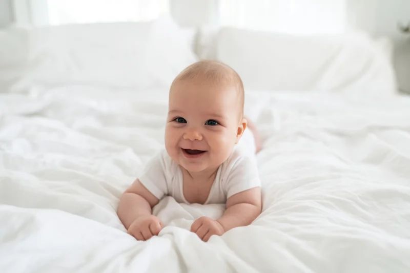 Baby lying on white bed propped on elbows smiling