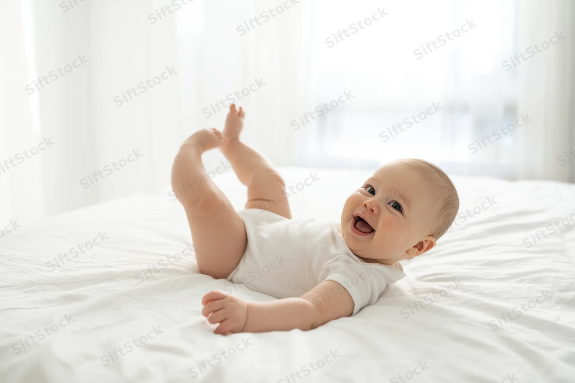 Baby lying on white bed laughing with legs raised wearing white onesie