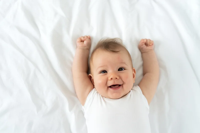 Baby lying on white soft surface with arms raised smiling
