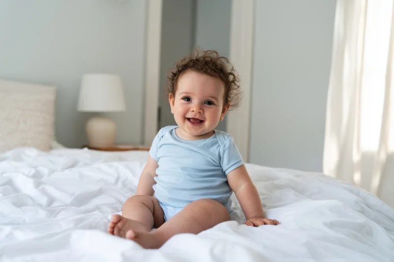 Smiling baby sitting on white bed in sunlit bedroom