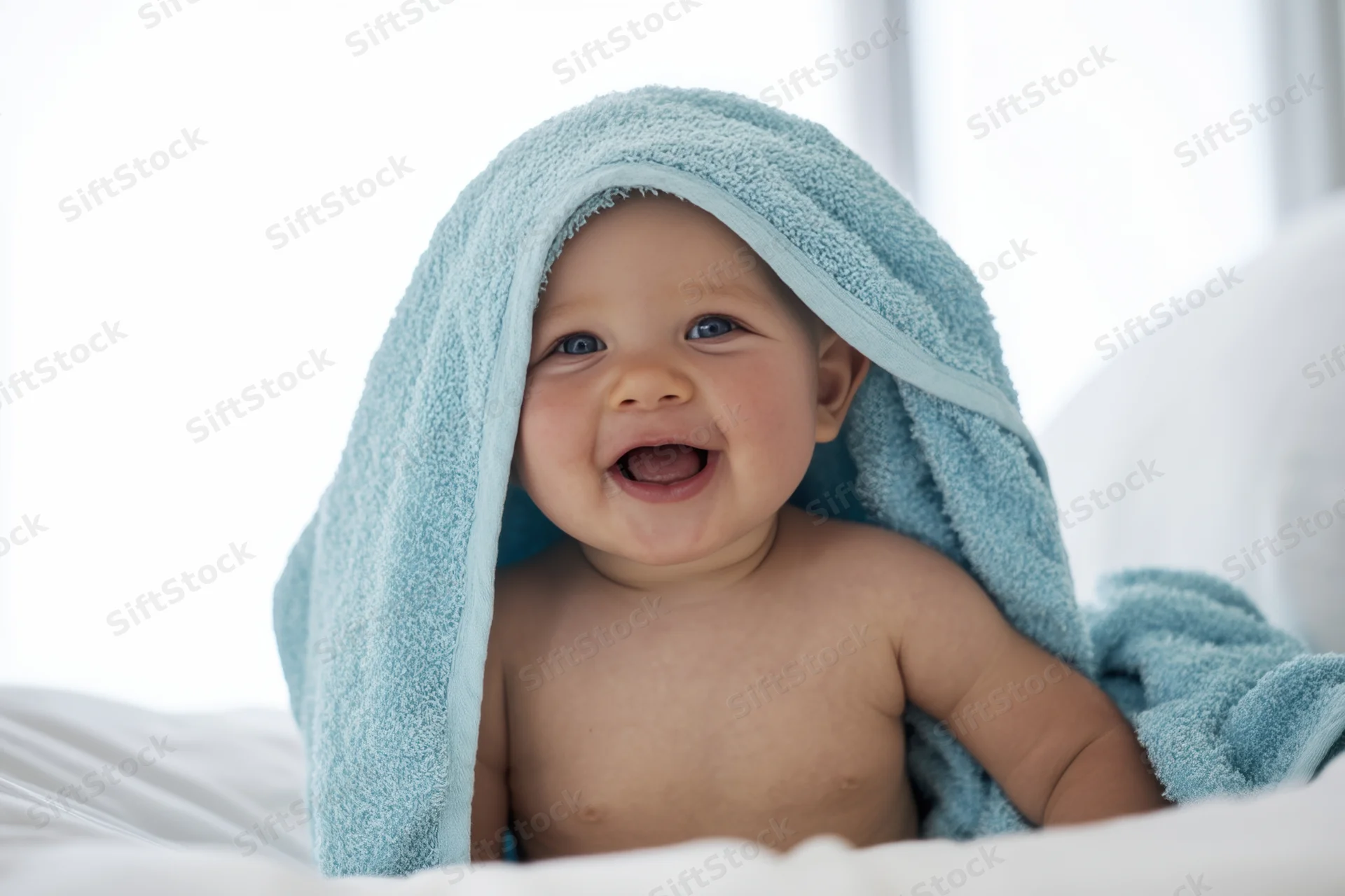 Baby laughing with light blue towel draped over head on white bed