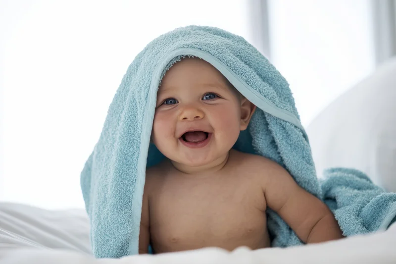 Baby laughing with light blue towel draped over head on white bed