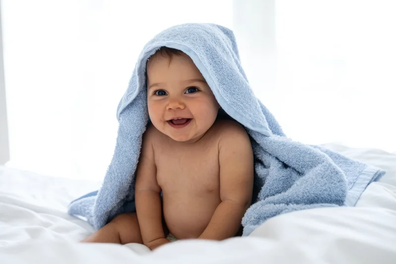 Smiling baby wrapped in blue towel sitting on white bed