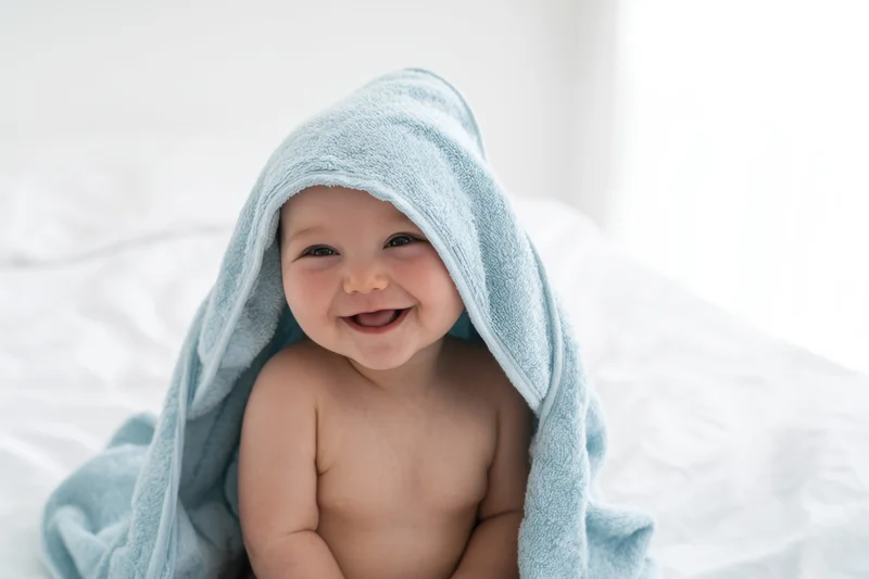 Baby smiling under blue towel on white bed