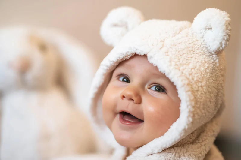 Baby wearing white bear-ear hood smiling with open mouth indoors