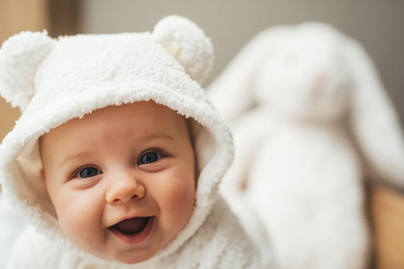 Baby wearing white bear-ear hood smiling with stuffed rabbit in background