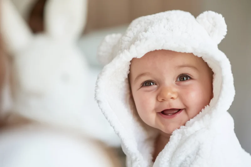 Baby wearing white bear-ear hooded towel smiling indoors