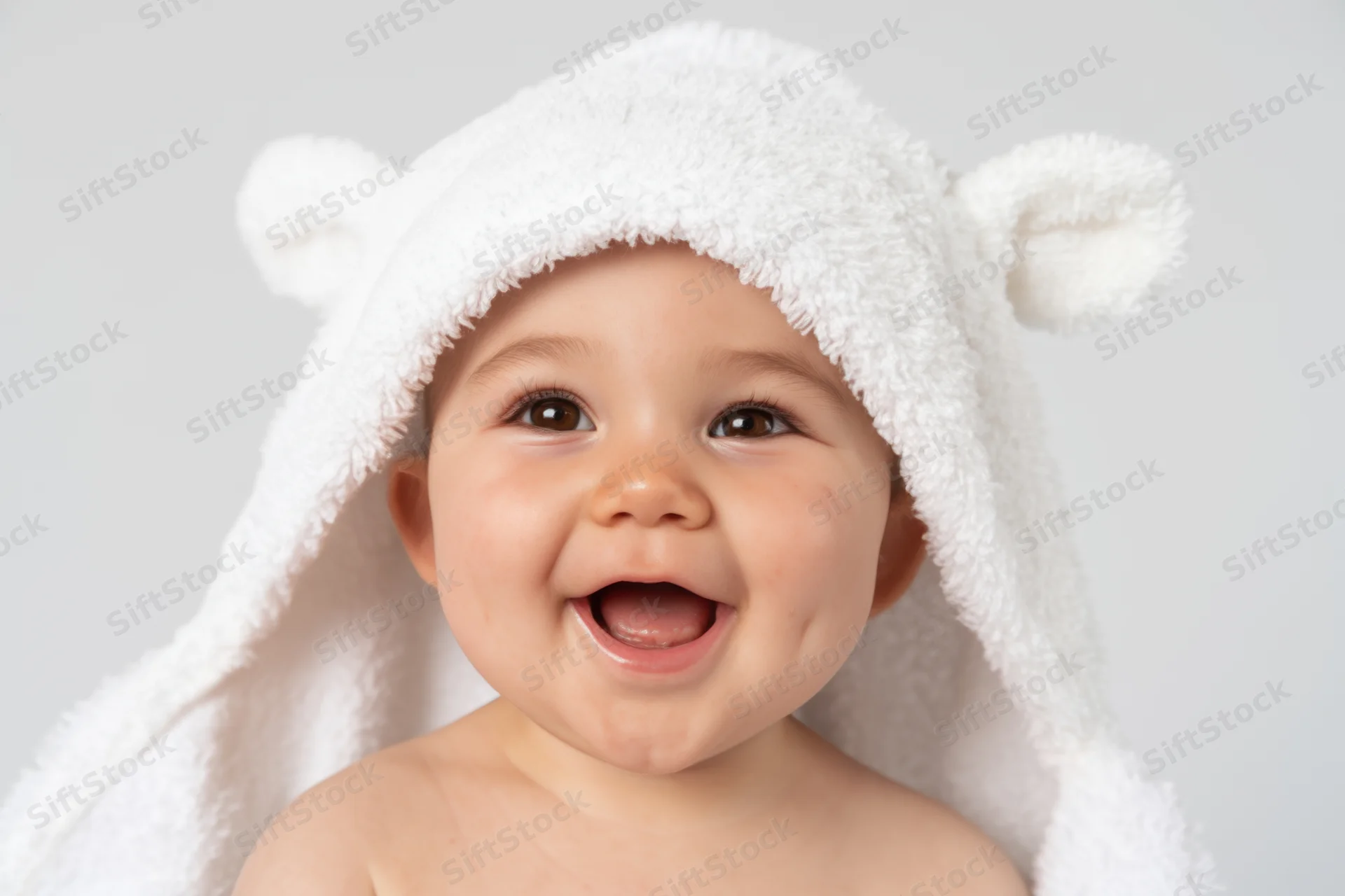 Baby smiling while wrapped in a fluffy white hooded towel with bear ears