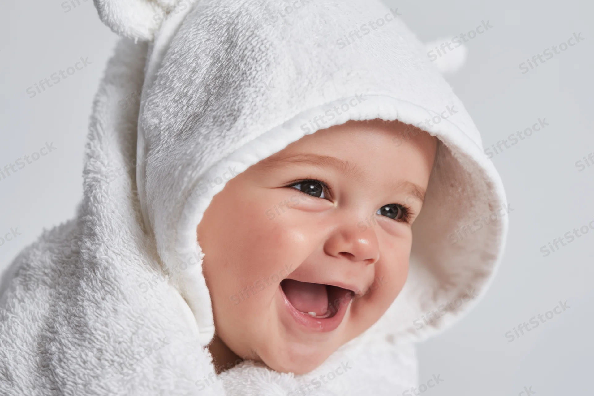 Baby wrapped in a fluffy white hooded towel laughing with joy