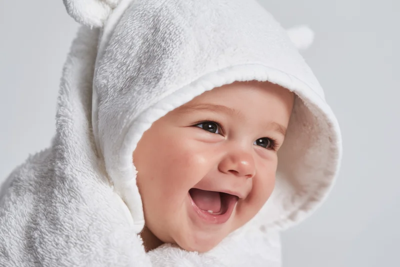 Baby wrapped in a fluffy white hooded towel laughing with joy